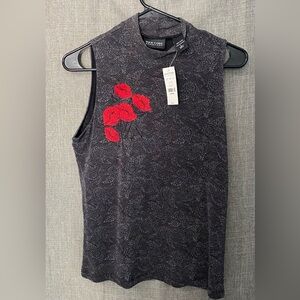 Y2K new york & company womens large sleeveless tank top Black Embroidered Roses